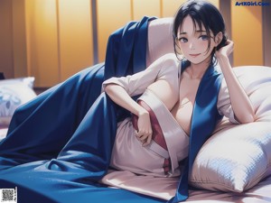 A woman in a blue and pink dress sitting on a bed.