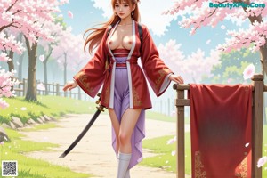 A woman with long red hair and cat ears holds a sword, dressed in traditional attire with cherry blossoms in the background.