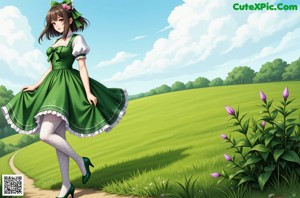 A girl in a green dress standing in front of a bookcase.