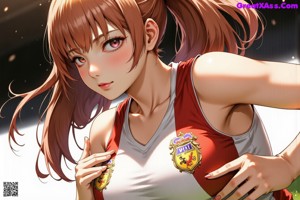 A woman in a red and white uniform leaning against a fence.