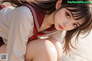 A woman in a school uniform sitting on the ground.
