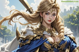A woman in a blue and white dress holding a sword.