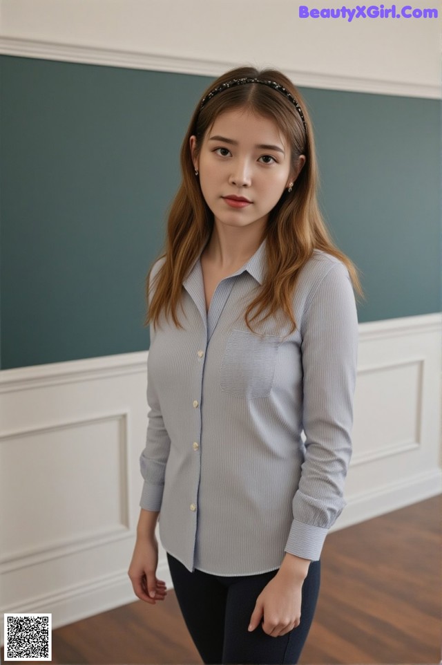 a woman standing in front of a blackboard wearing a blue shirt