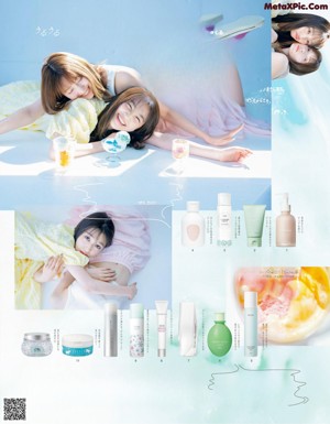 A magazine page with a picture of a woman applying makeup.