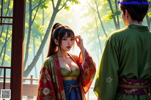 A woman in a blue kimono is posing for a picture.