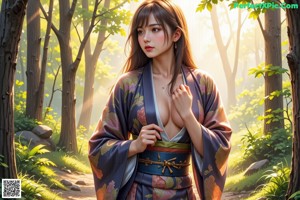 A woman in a blue kimono is posing for a picture.