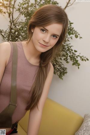 A woman in a white shirt and gray skirt posing for a picture.