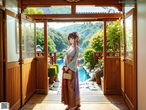 A woman in a green kimono sitting on a bed.