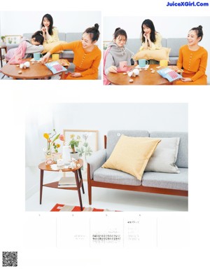 A magazine spread with a woman in a yellow sweater.