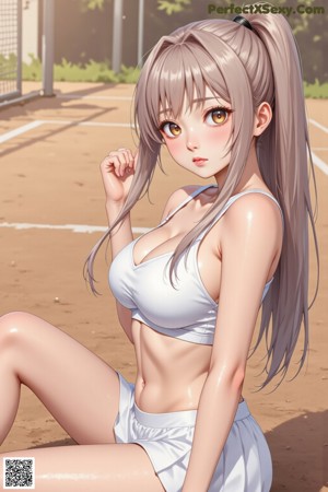 A woman sitting on a tennis court holding a tennis racket.