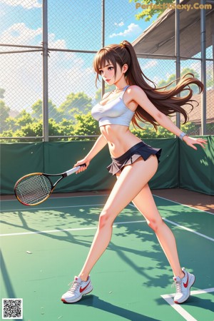 A woman in a red top and white skirt holding a tennis racket.