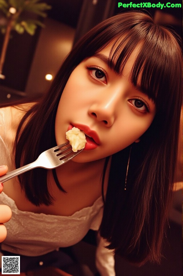 A woman holding a fork with a piece of cake on it.