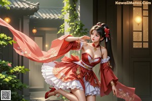 A woman in a red and white dress with long black hair.