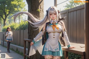 A woman in a white and blue outfit holding a sword.