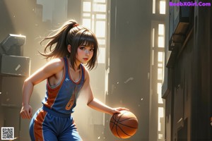 A group of young women playing a game of basketball.