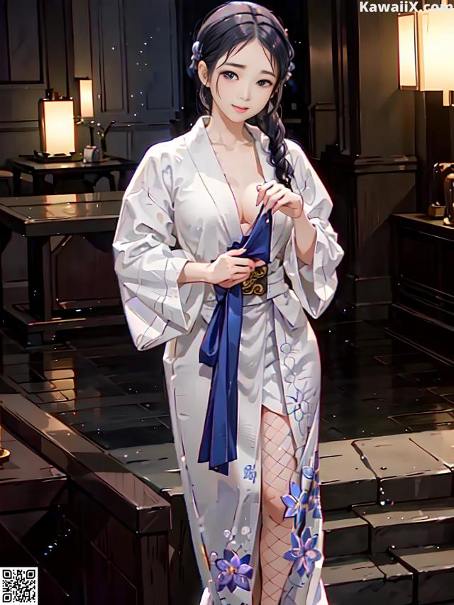 A woman in a white kimono standing in a room.