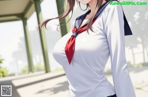 A woman in a school uniform standing in front of a tree.