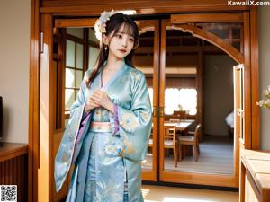 A woman in a kimono standing by the water.