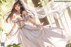 A woman in a wedding dress walking through a forest.