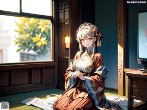 A woman in a kimono is posing by a window.