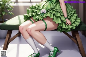 a woman in a green dress and stockings posing for a picture