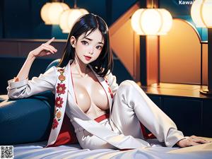 A woman in a blue kimono standing in a room.