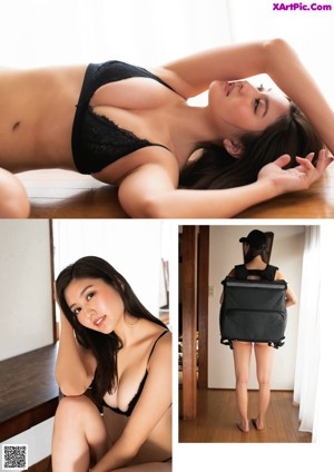 A woman in a black bra and panties posing for a picture.