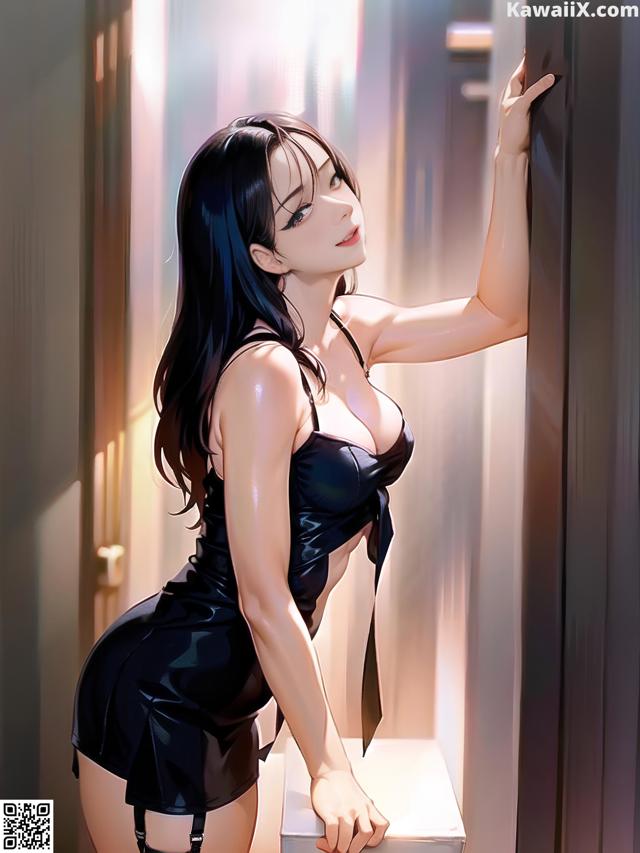 A woman in a black dress leaning against a wall.