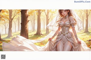A woman in a white dress standing in a forest.