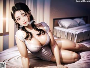 A woman laying on top of a bed next to a pillow.