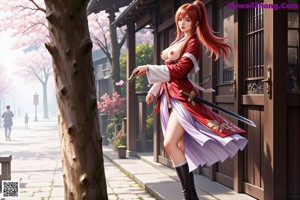 A woman in traditional attire stands on a path with cherry blossoms and a sword.