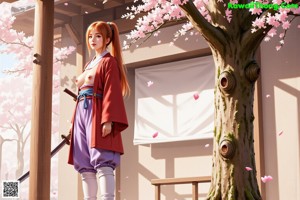 A woman in traditional attire holds a sword, surrounded by cherry blossoms.