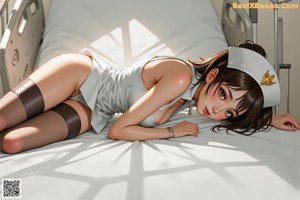 A woman in a nurse uniform sitting on a hospital bed.
