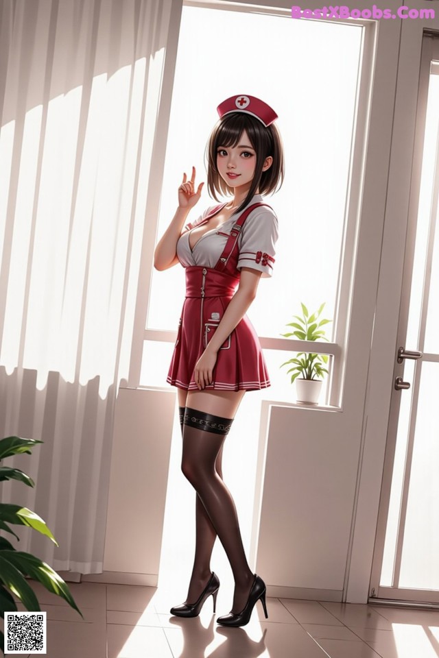 A woman in a red and white nurse outfit posing for a picture.