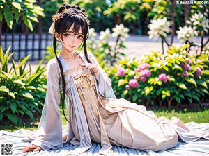 A woman in a white kimono laying on the ground.