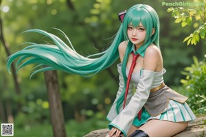 A woman with long blue hair sitting on a tree.