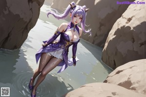 A woman in a purple and white outfit standing on a beach.
