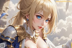 A woman in a blue and white outfit holding a sword.
