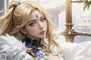 A woman in a blue and white outfit holding a sword.