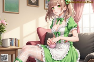 A woman in a green dress sitting on the floor.
