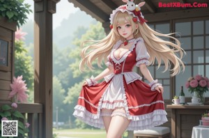 A woman in a red and white dress holding a white rabbit.