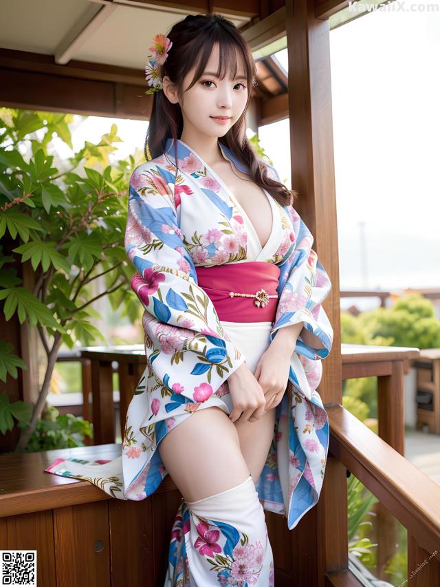 A woman in a kimono posing on a wooden deck.