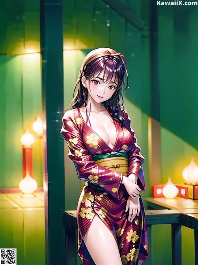 A woman in a kimono standing in front of a green wall.