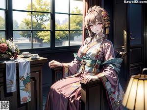 A woman in a kimono sitting on a wooden bench.