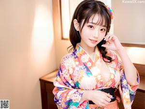 A woman in a kimono sitting on a wooden bench.