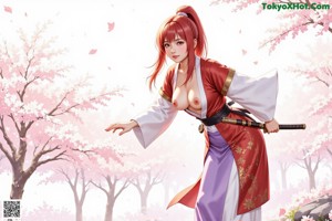 Woman in traditional attire with cherry blossoms in background.