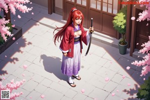 A woman in traditional attire holds a sword, standing amidst cherry blossoms.