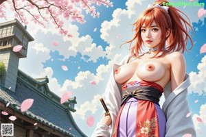 A woman in traditional attire stands outdoors with cherry blossoms and a sword.