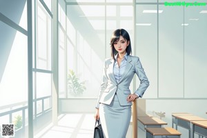 A woman in a skirt and blazer standing in front of a desk.