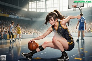 A woman sitting on a basketball court holding a basketball.